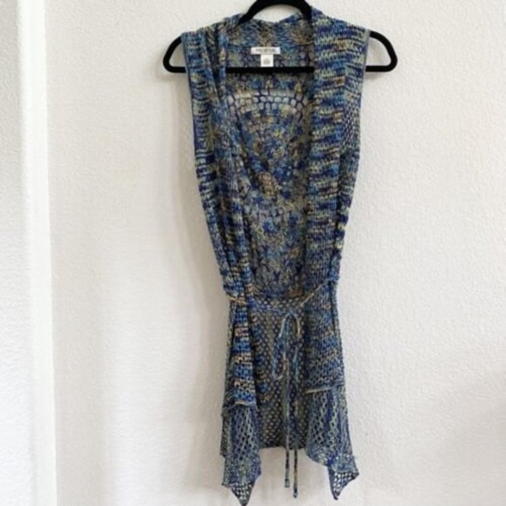 Arden B. Crochet Women's Wrap Vest Jacket SZ S Boho Blue Yellow